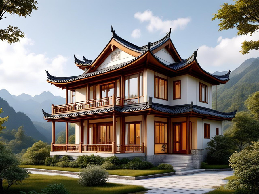A two-story new Chinese style steel structure villa built in the mountainous area